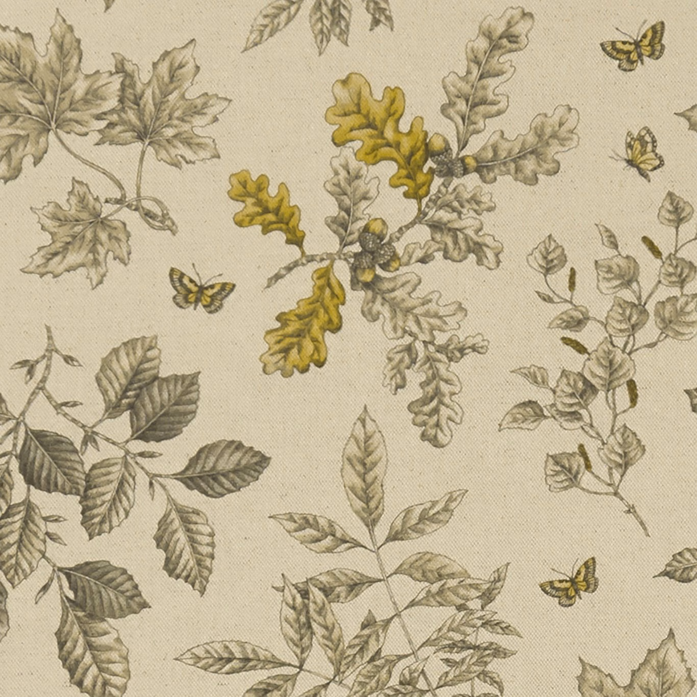 Warm beige botanical textile with olive leaves, ochre oak sprigs and butterflies