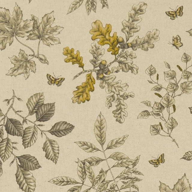 Warm beige botanical textile with olive leaves, ochre oak sprigs and butterflies