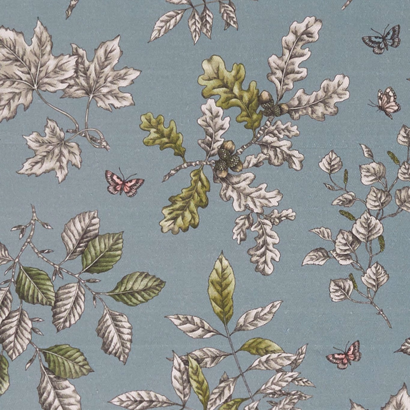 Muted mineral blue fabric with silvery leaves, olive foliage and tiny butterflies