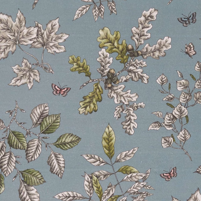 Muted mineral blue fabric with silvery leaves, olive foliage and tiny butterflies