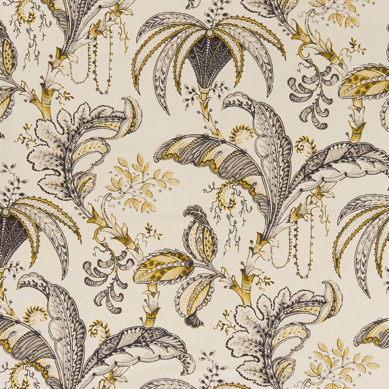 Cream botanical textile with charcoal plume leaves, fine tendrils and ochre accents