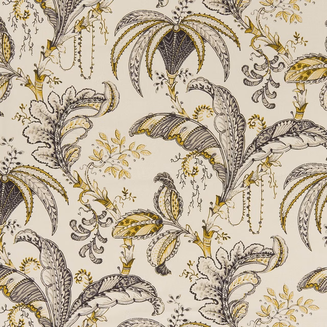 Cream botanical textile with charcoal plume leaves, fine tendrils and ochre accents