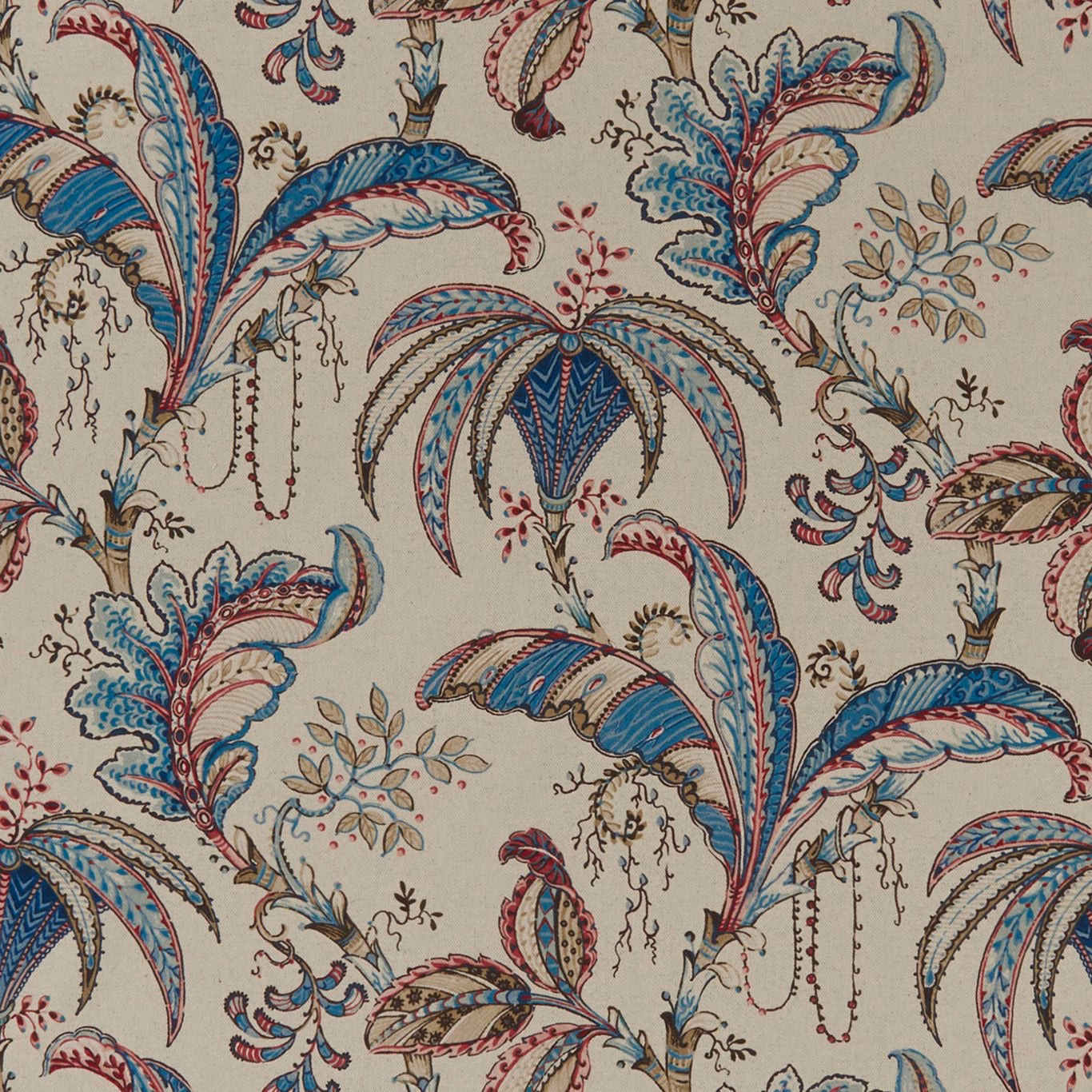 Denim blue paisley fabric with burgundy feathers, cream ground and fine botanical details