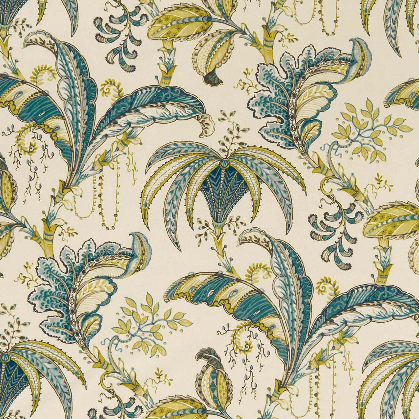 Mineral ivory fabric with teal paisley feathers, olive leaves and mustard botanical accents