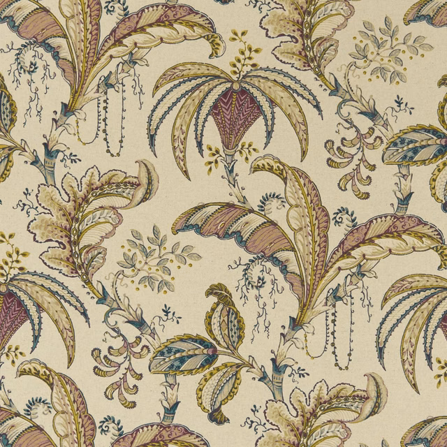 Cream botanical fabric with plum, olive and blue paisley motifs