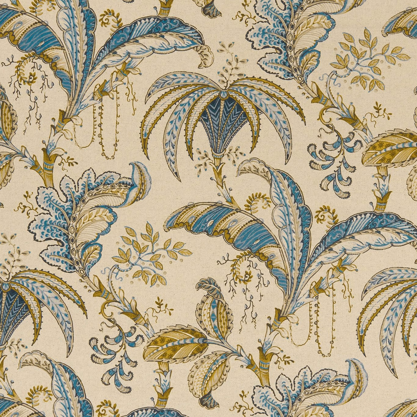 Cream botanical fabric with teal-blue feathers and spice-gold scrolling foliage