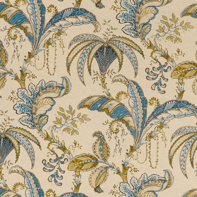 Cream botanical fabric with teal-blue feathers and spice-gold scrolling foliage
