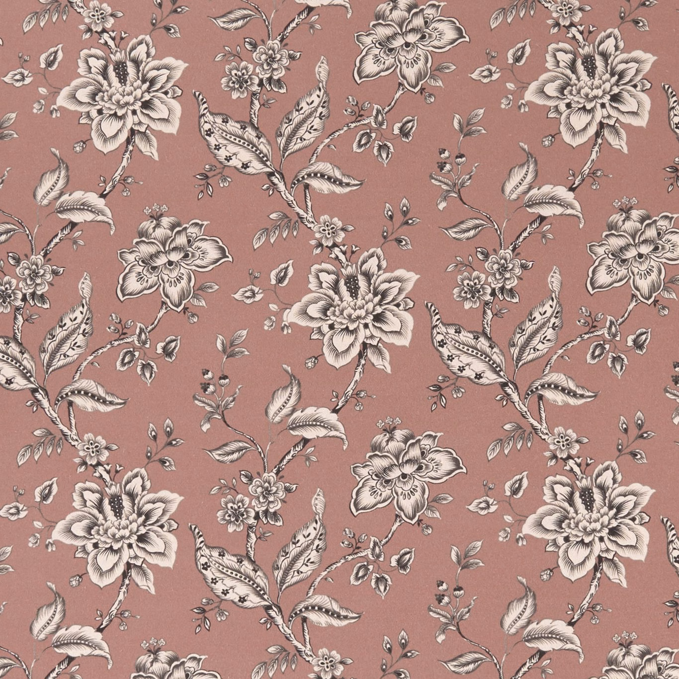 Dusty blush pink floral fabric with ivory blooms and charcoal botanical detailing