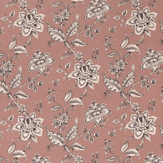 Dusty blush pink floral fabric with ivory blooms and charcoal botanical detailing