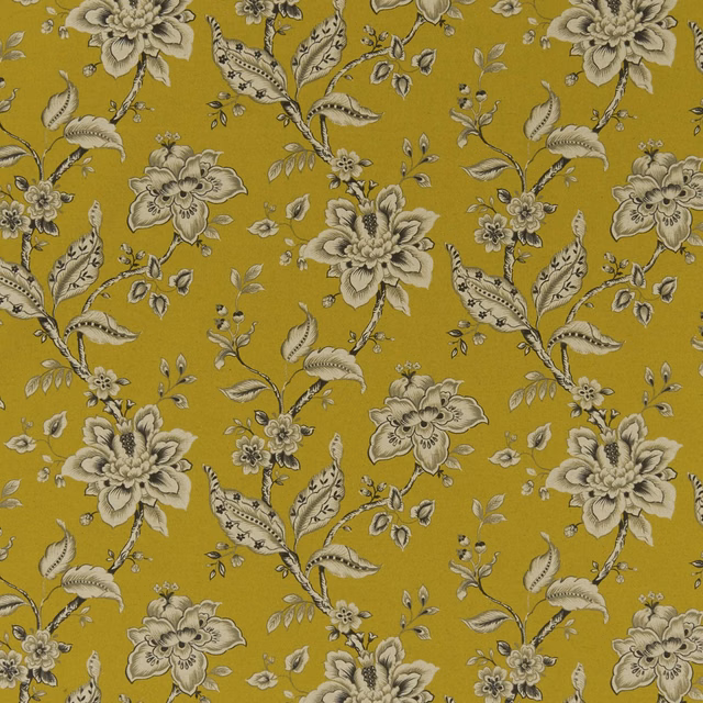 Chartreuse floral fabric with ivory blooms, grey leaves and curling botanical stems