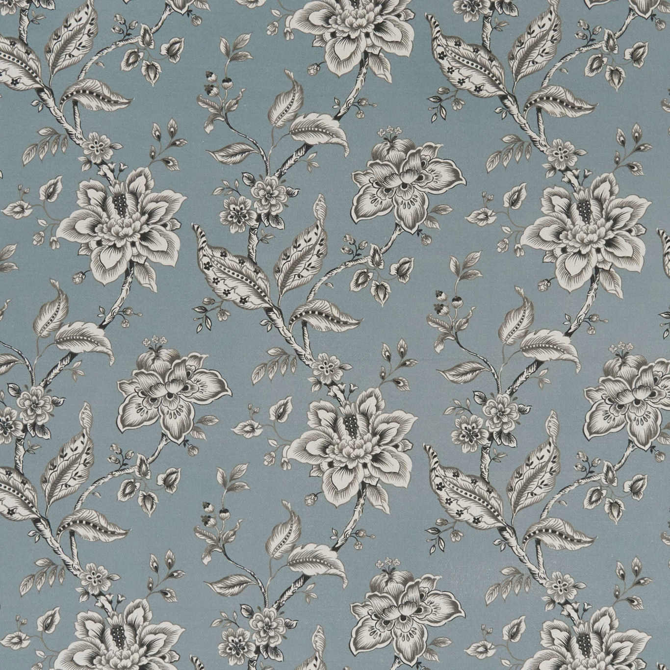 Mineral blue-grey floral fabric with ivory blooms, curling leaves and charcoal outlines