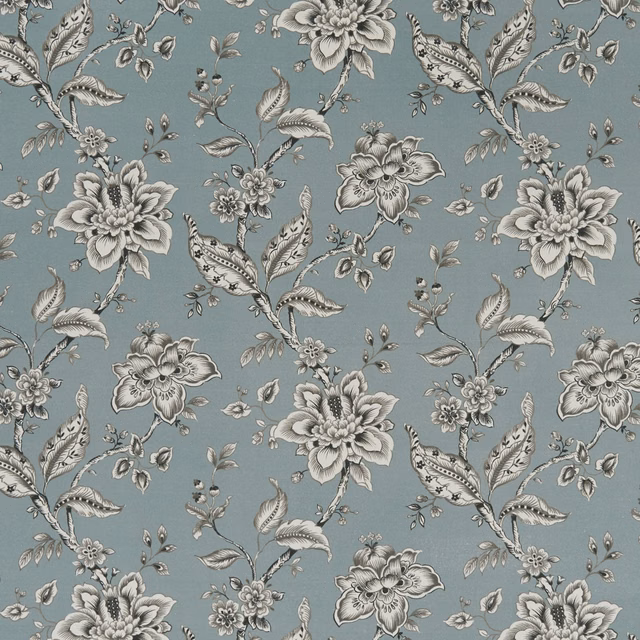 Mineral blue-grey floral fabric with ivory blooms, curling leaves and charcoal outlines