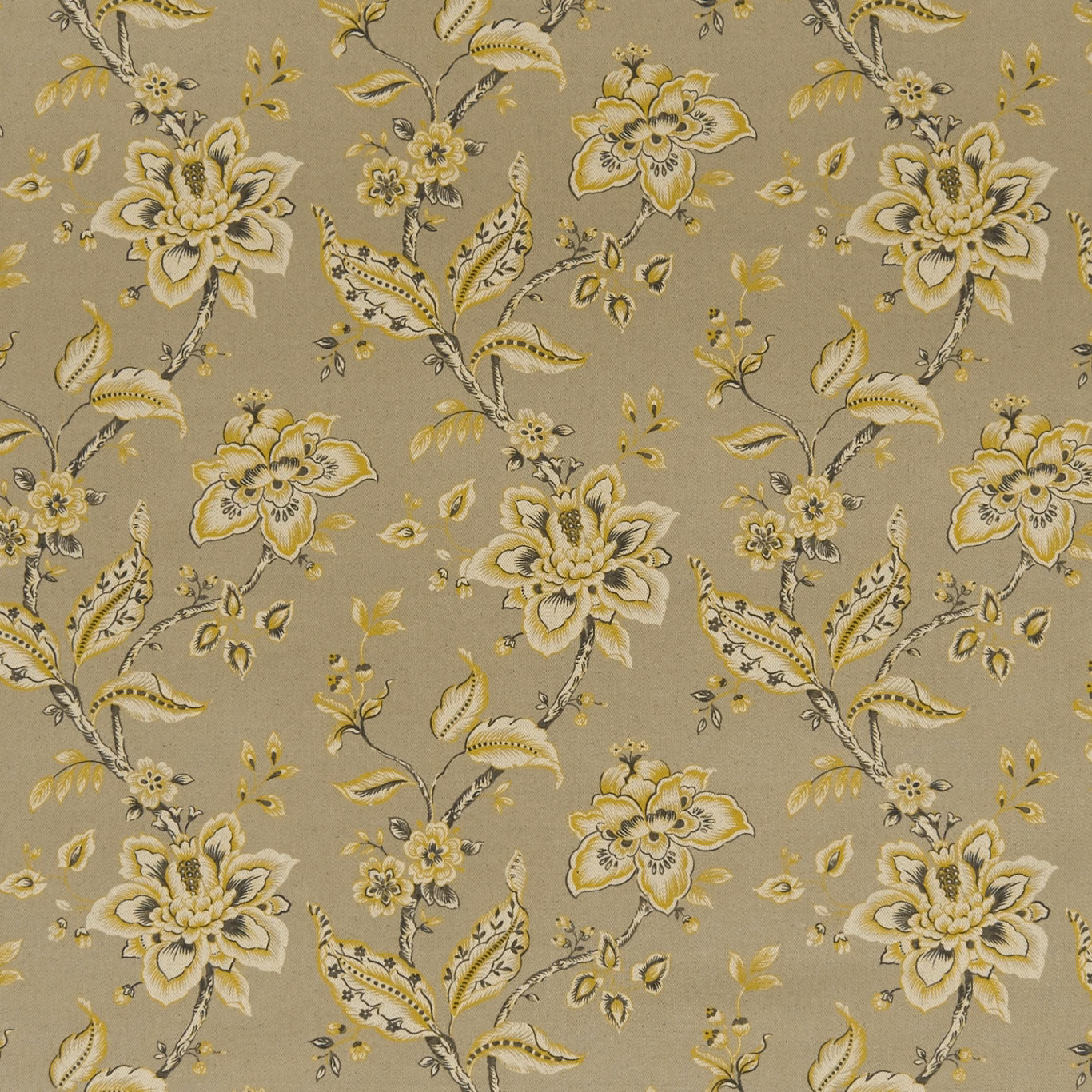 Warm taupe floral fabric with cream blooms, olive leaves and fine woven texture