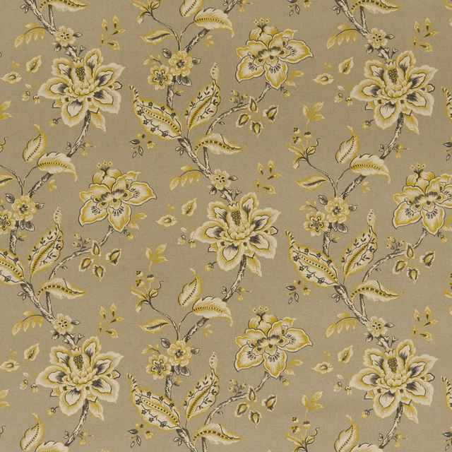 Warm taupe floral fabric with cream blooms, olive leaves and fine woven texture