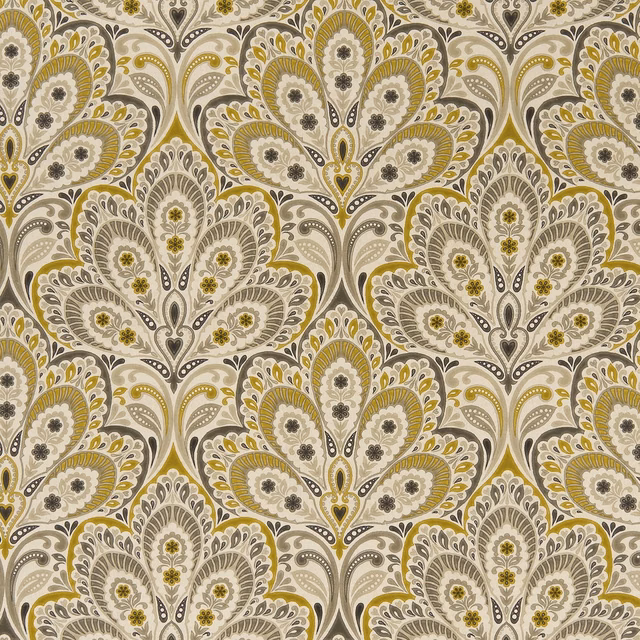 Charcoal and ochre paisley with cream medallions and scrolling botanical detail