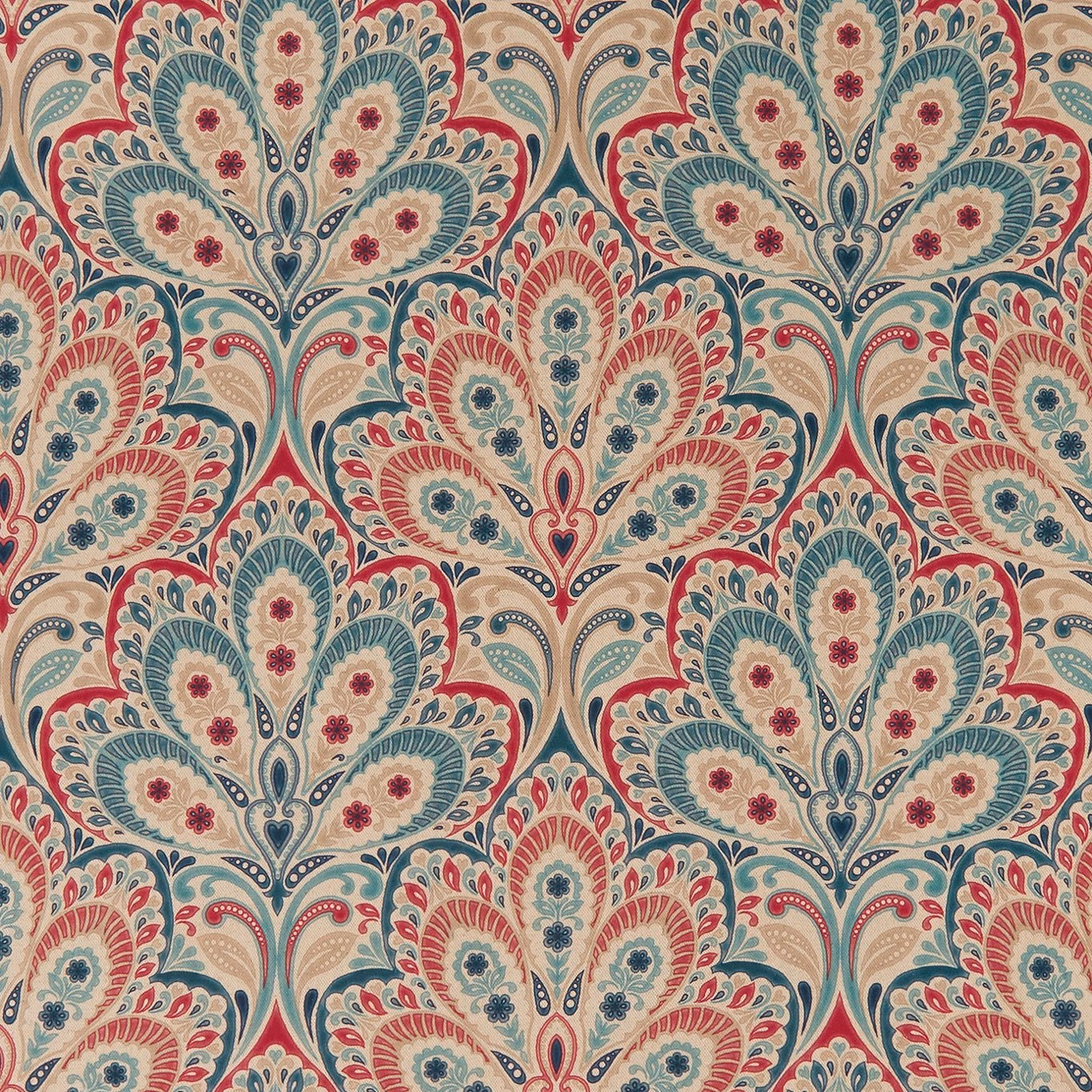 Cream paisley floral fabric with denim teal, raspberry and blue ornamental motifs