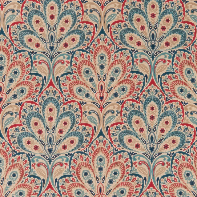 Cream paisley floral fabric with denim teal, raspberry and blue ornamental motifs