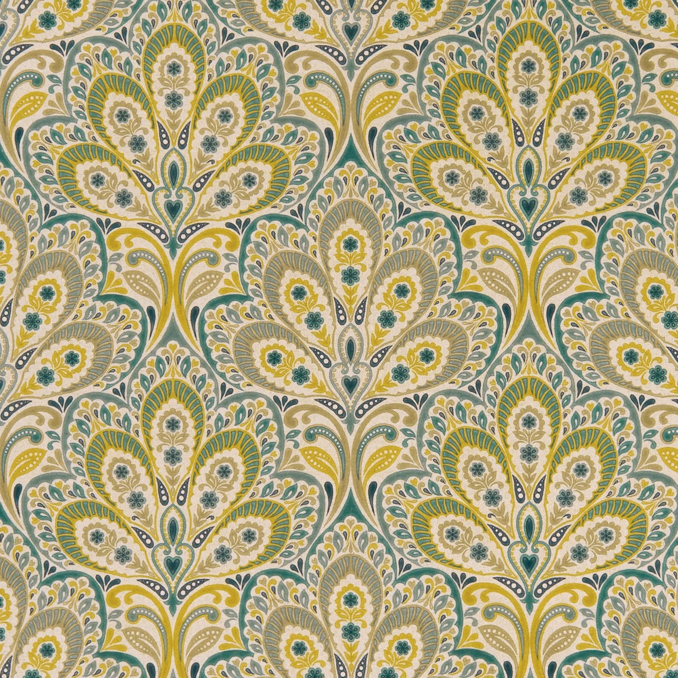 Sage, teal, mustard and cream paisley with charcoal outlines on textured fabric