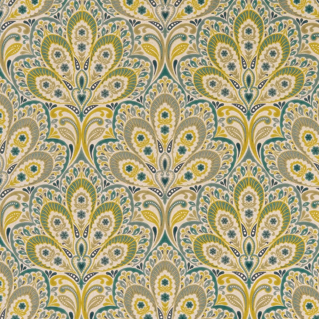 Sage, teal, mustard and cream paisley with charcoal outlines on textured fabric