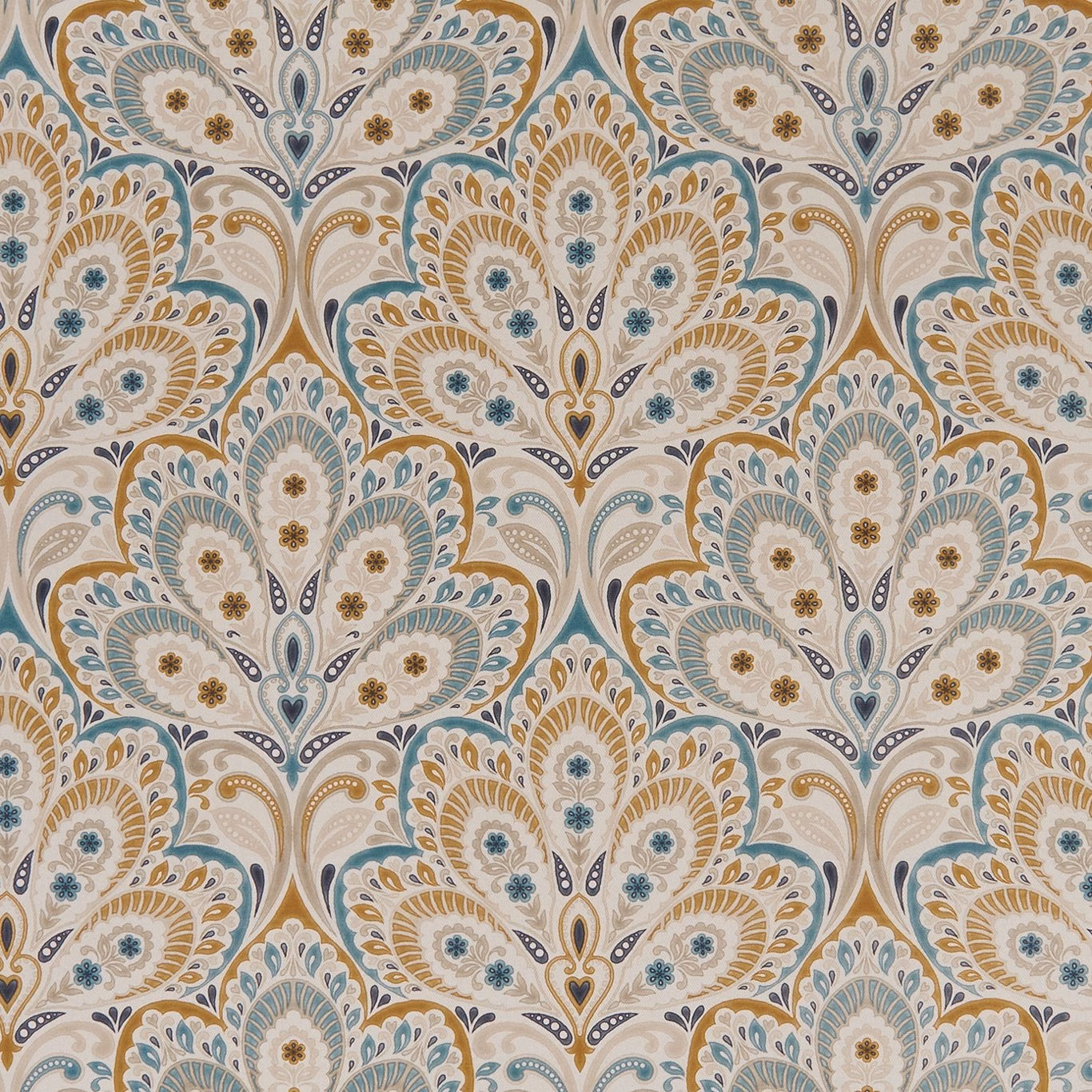 Teal and spice paisley botanicals on a cream ground with charcoal detailing