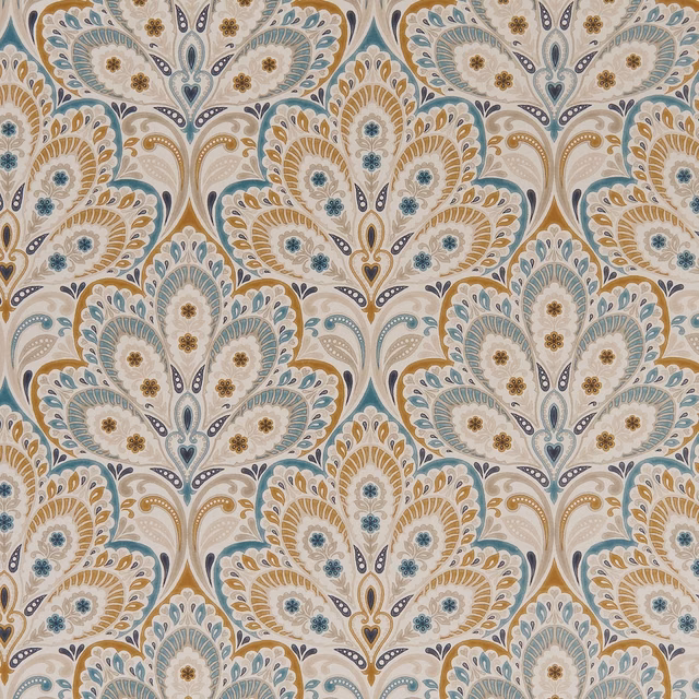Teal and spice paisley botanicals on a cream ground with charcoal detailing
