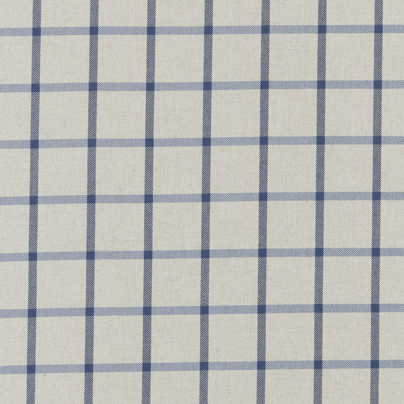 Pale grey woven fabric with a muted denim-blue windowpane check