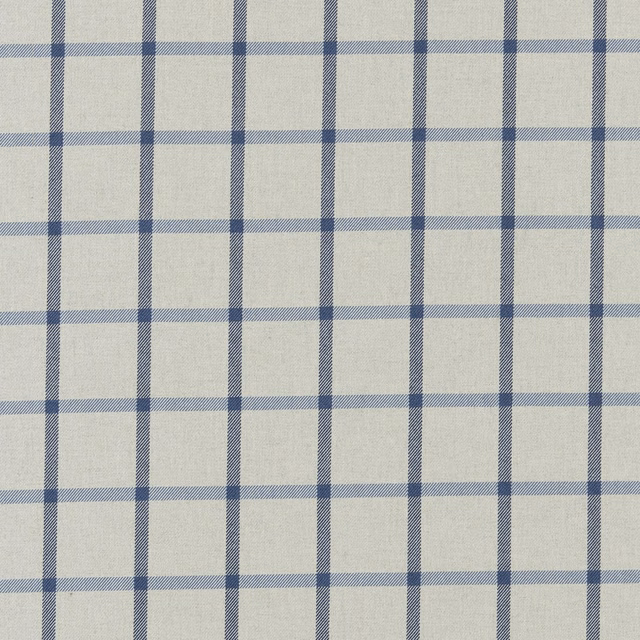 Pale grey woven fabric with a muted denim-blue windowpane check