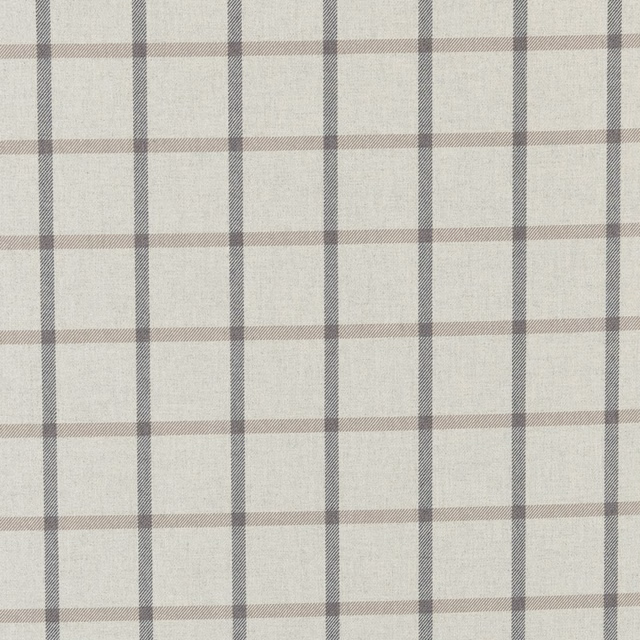 Pale grey woven check with charcoal verticals and muted taupe horizontal stripes