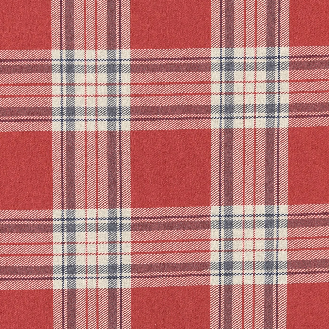 Deep red woven plaid with cream, charcoal and burgundy intersecting stripes