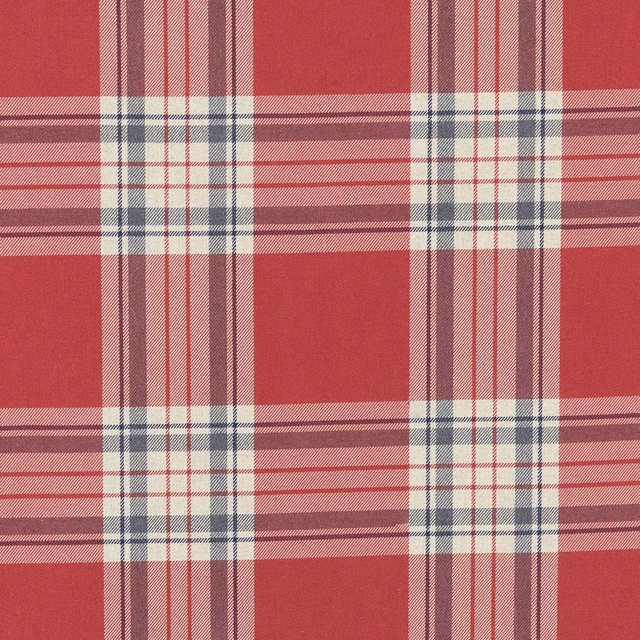 Deep red woven plaid with cream, charcoal and burgundy intersecting stripes