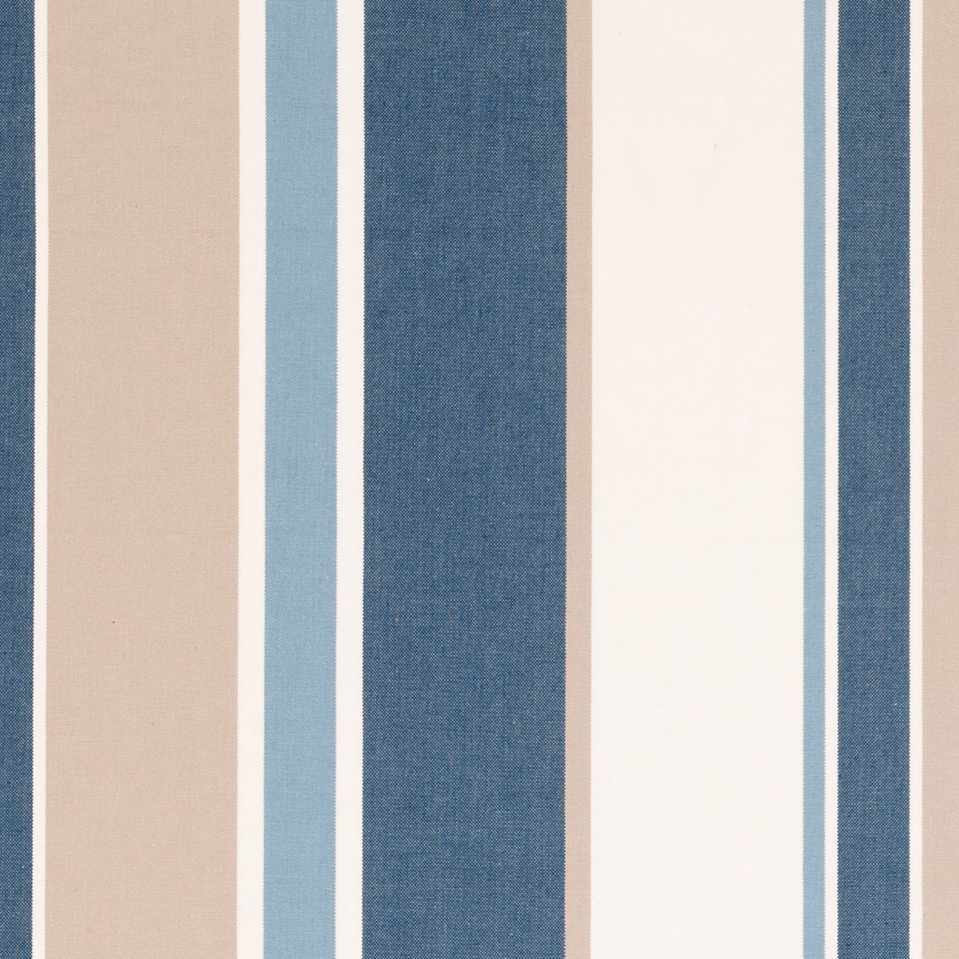 Hartford Denim stripe fabric showing denim blue, pale blue, ivory and blush woven bands