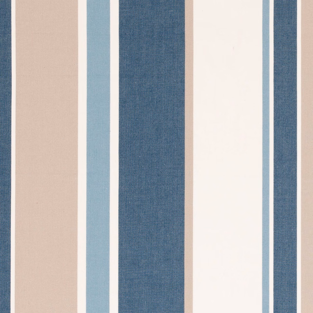 Hartford Denim stripe fabric showing denim blue, pale blue, ivory and blush woven bands