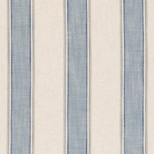 Muted denim blue and ivory vertical stripes with a softly crosshatched woven texture