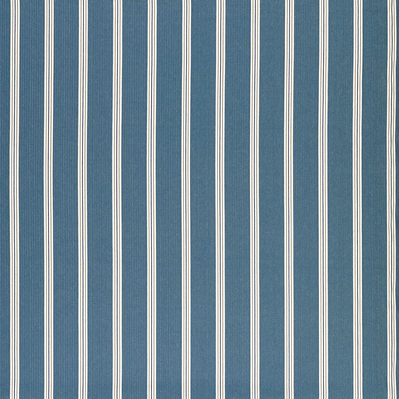 Muted denim-blue woven fabric with evenly spaced vertical ivory stripes