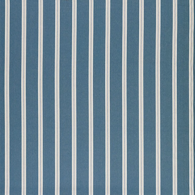 Muted denim-blue woven fabric with evenly spaced vertical ivory stripes