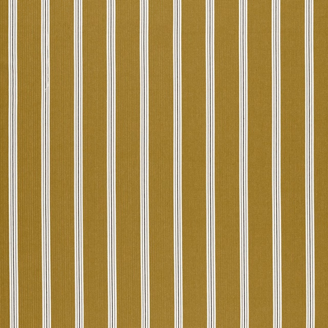 Warm ochre woven fabric with vertical charcoal and white pinstripes