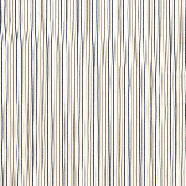 Muted denim blue and ivory narrow vertical stripes with a softly irregular woven texture