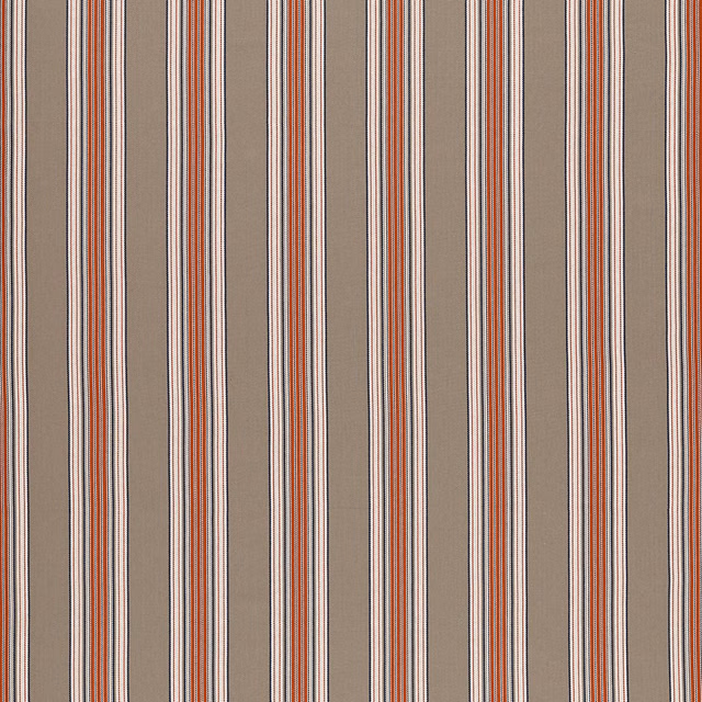 Taupe fabric with narrow navy, rouge and cream vertical stripes
