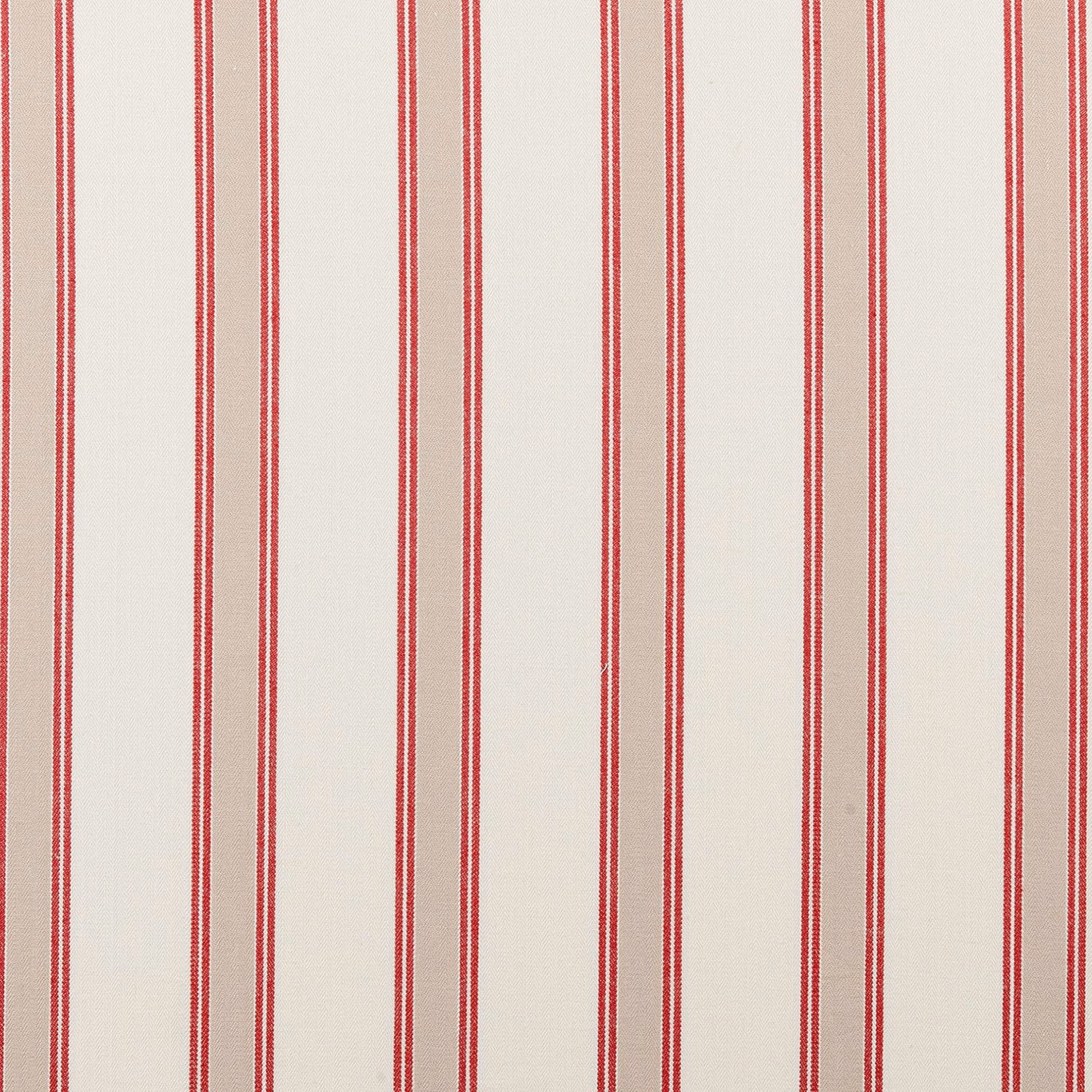 Cream woven fabric with narrow warm red vertical stripes and fine textured grain