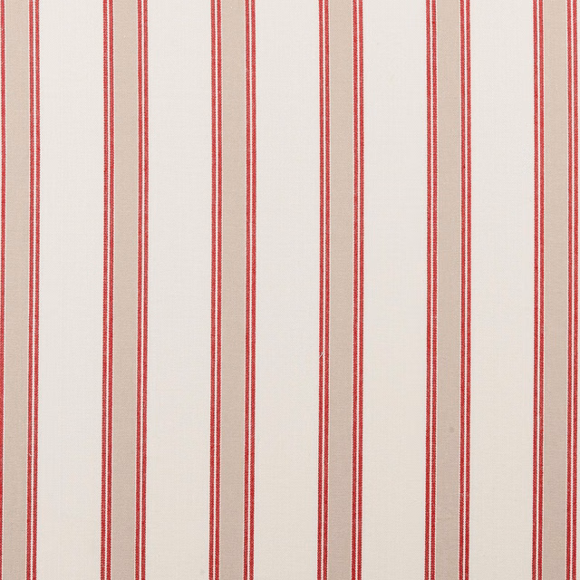 Cream woven fabric with narrow warm red vertical stripes and fine textured grain