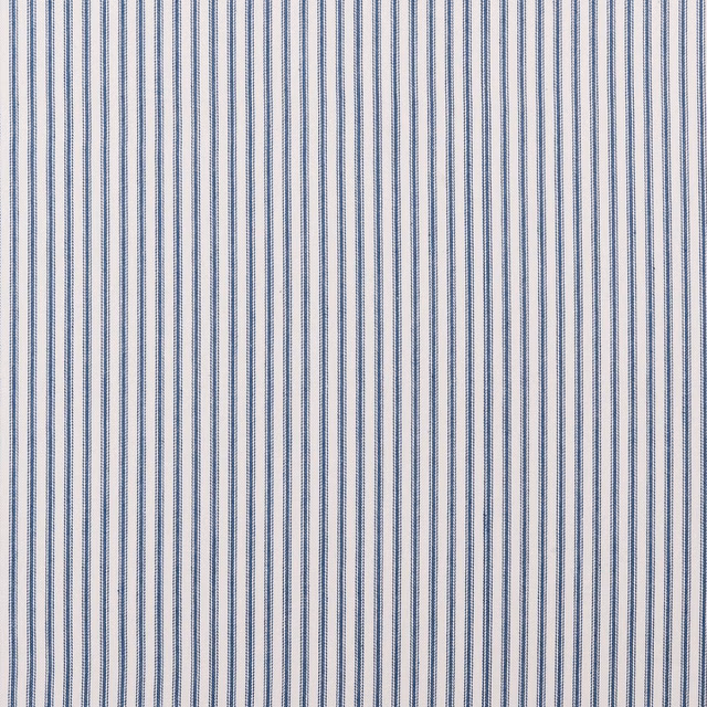 Close-up of fine muted navy and ivory vertical stripes with subtle woven texture