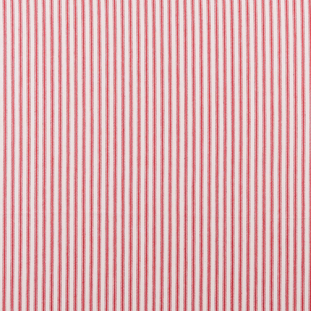 Close-up of fine raspberry-red and ivory vertical woven stripes with subtle texture