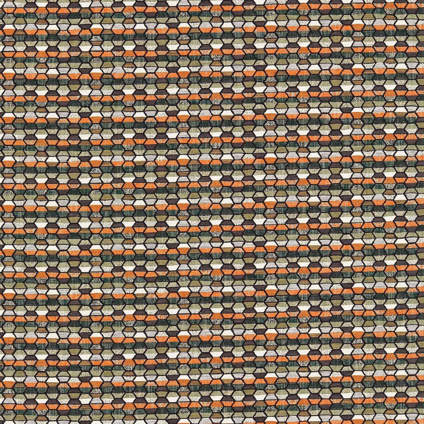Forest green geometric fabric with charcoal, rust and cream woven hexagonal cells