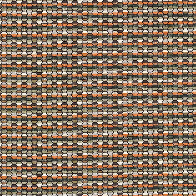 Forest green geometric fabric with charcoal, rust and cream woven hexagonal cells
