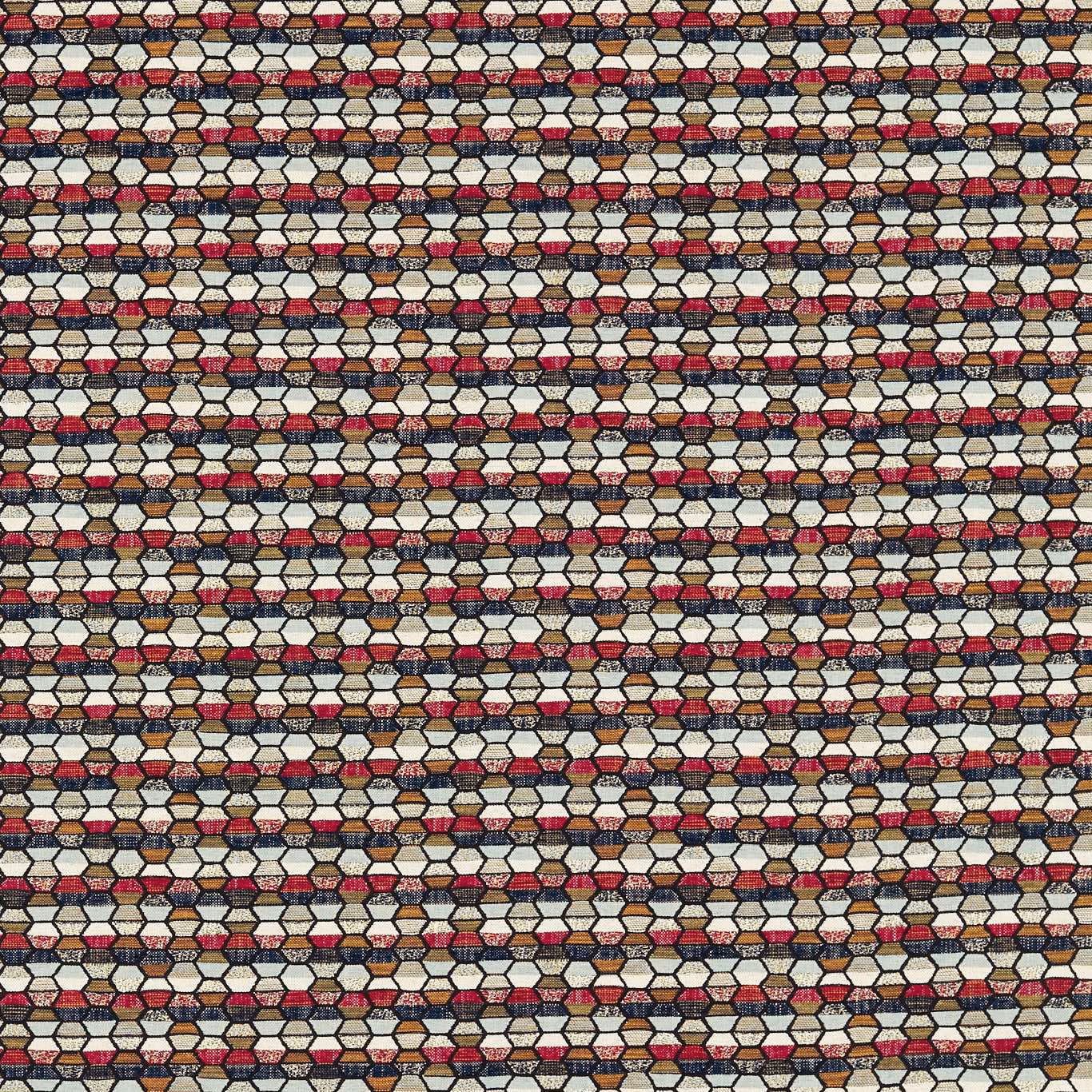 Close view of midnight blue, ruby and cream geometric woven fabric with tactile texture