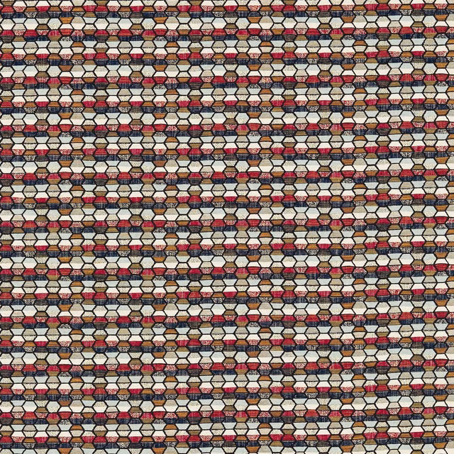 Close view of midnight blue, ruby and cream geometric woven fabric with tactile texture