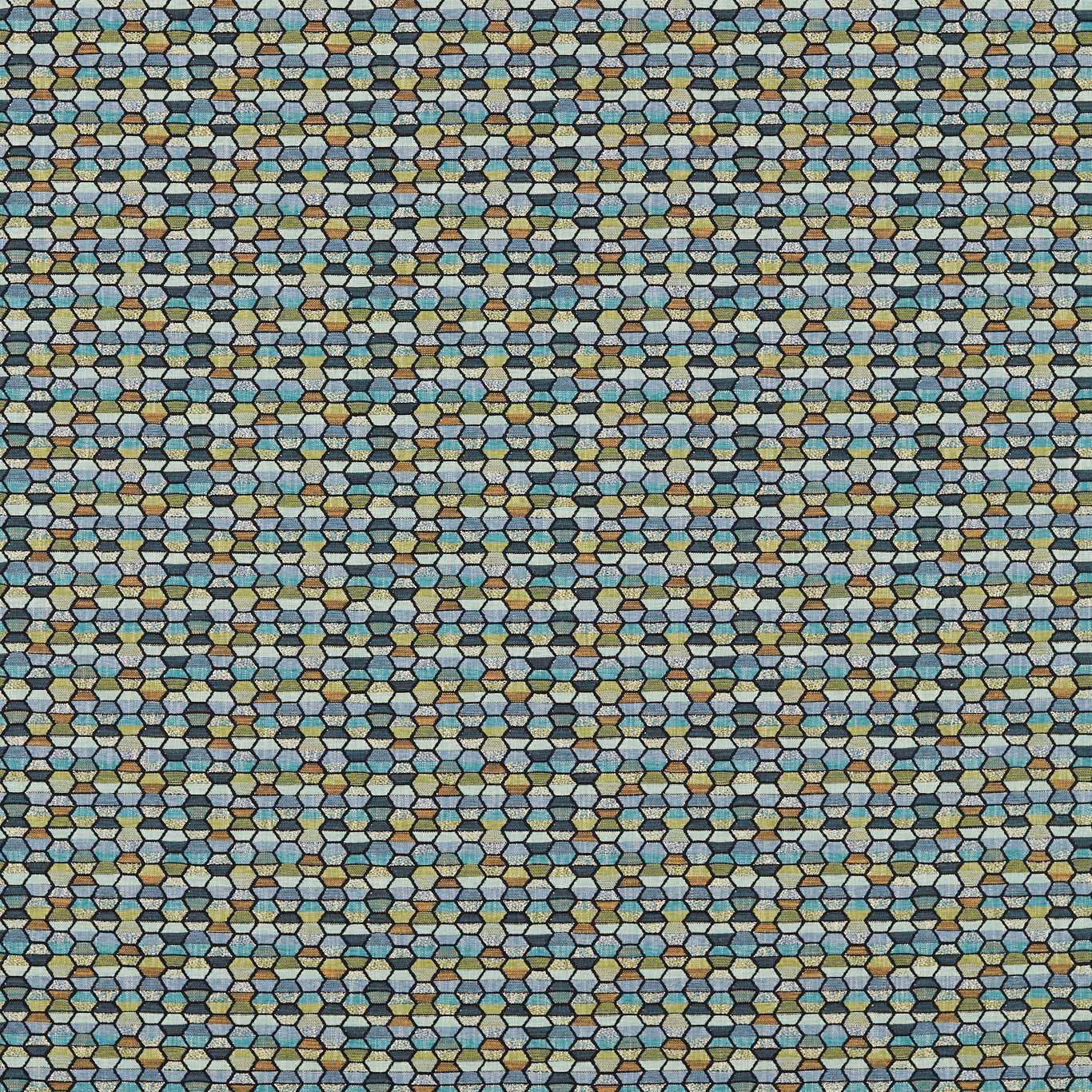 Dense teal, blue, cream and ochre hexagonal woven upholstery fabric