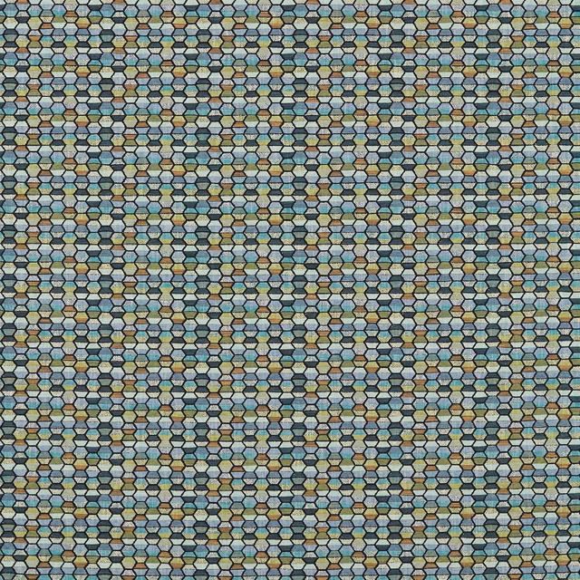 Dense teal, blue, cream and ochre hexagonal woven upholstery fabric
