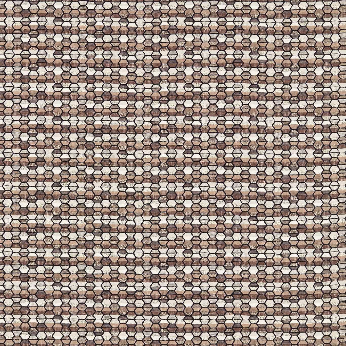 Warm taupe geometric woven fabric with cream hexagons and charcoal outlines