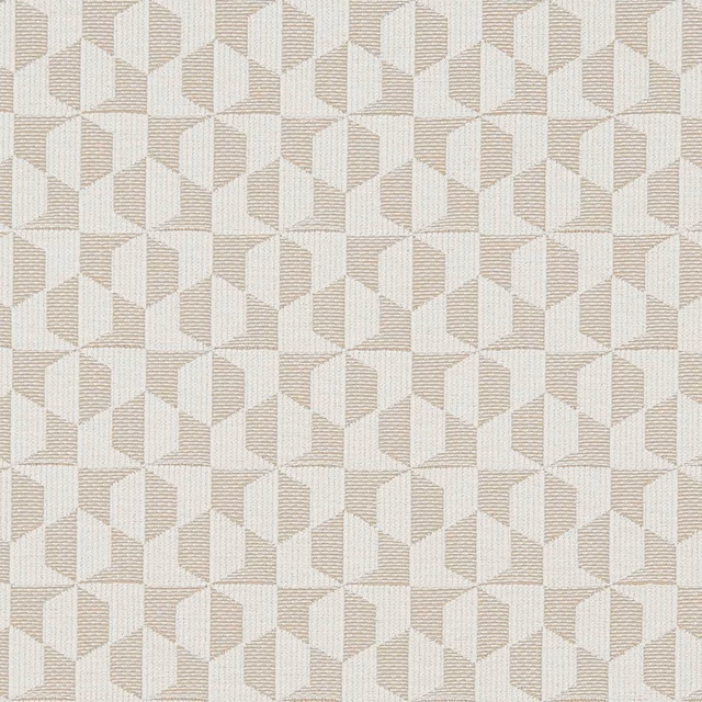 Warm ivory woven fabric with repeating angular cream and taupe geometric facets